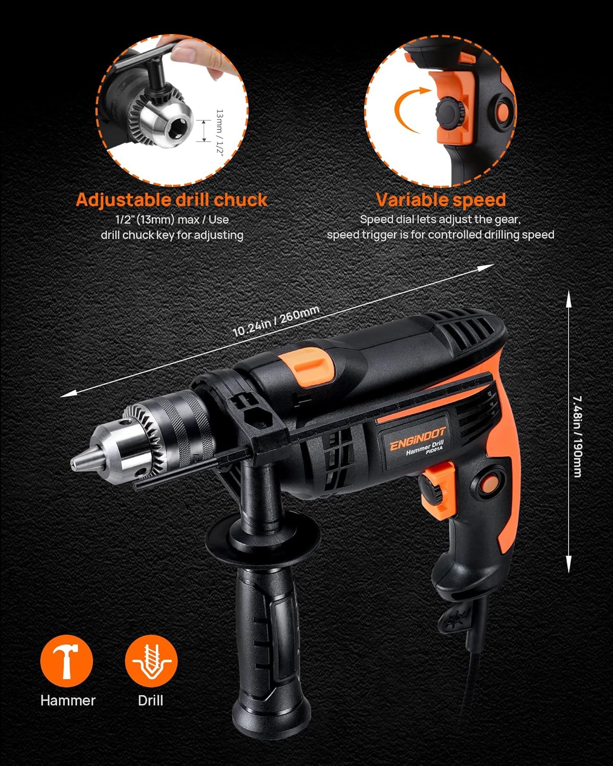 Hammer Drill, ENGiNDOT 710W Corded Impact Drill 2 IN1 - liquidation.store