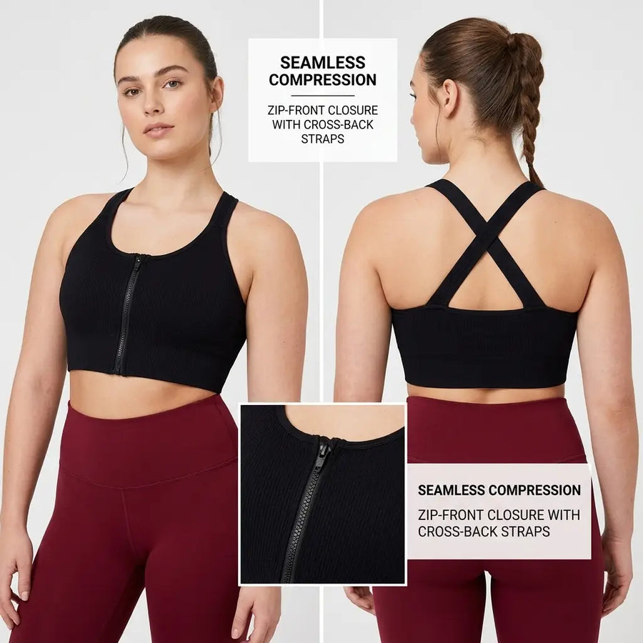 Snuggz Fit Seamless Cross Back Zip Front Black Cropped