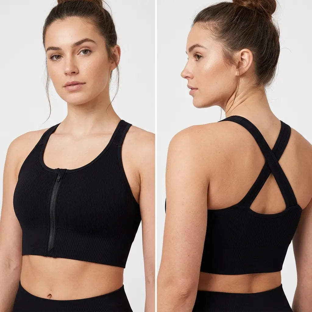 Snuggz Fit Seamless Cross Back Zip Front Black Cropped
