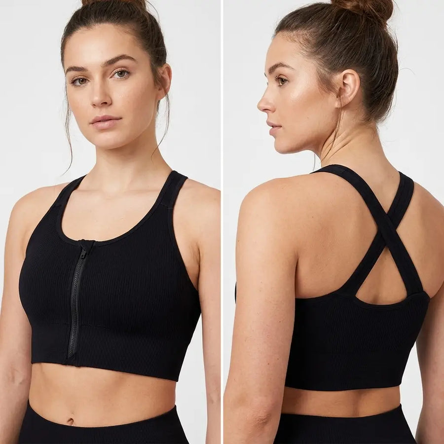 Snuggz Fit Seamless Cross Back Zip Front Black Cropped