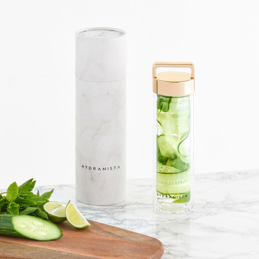 Hydranista glass water bottle - Gold Lid - liquidation.store