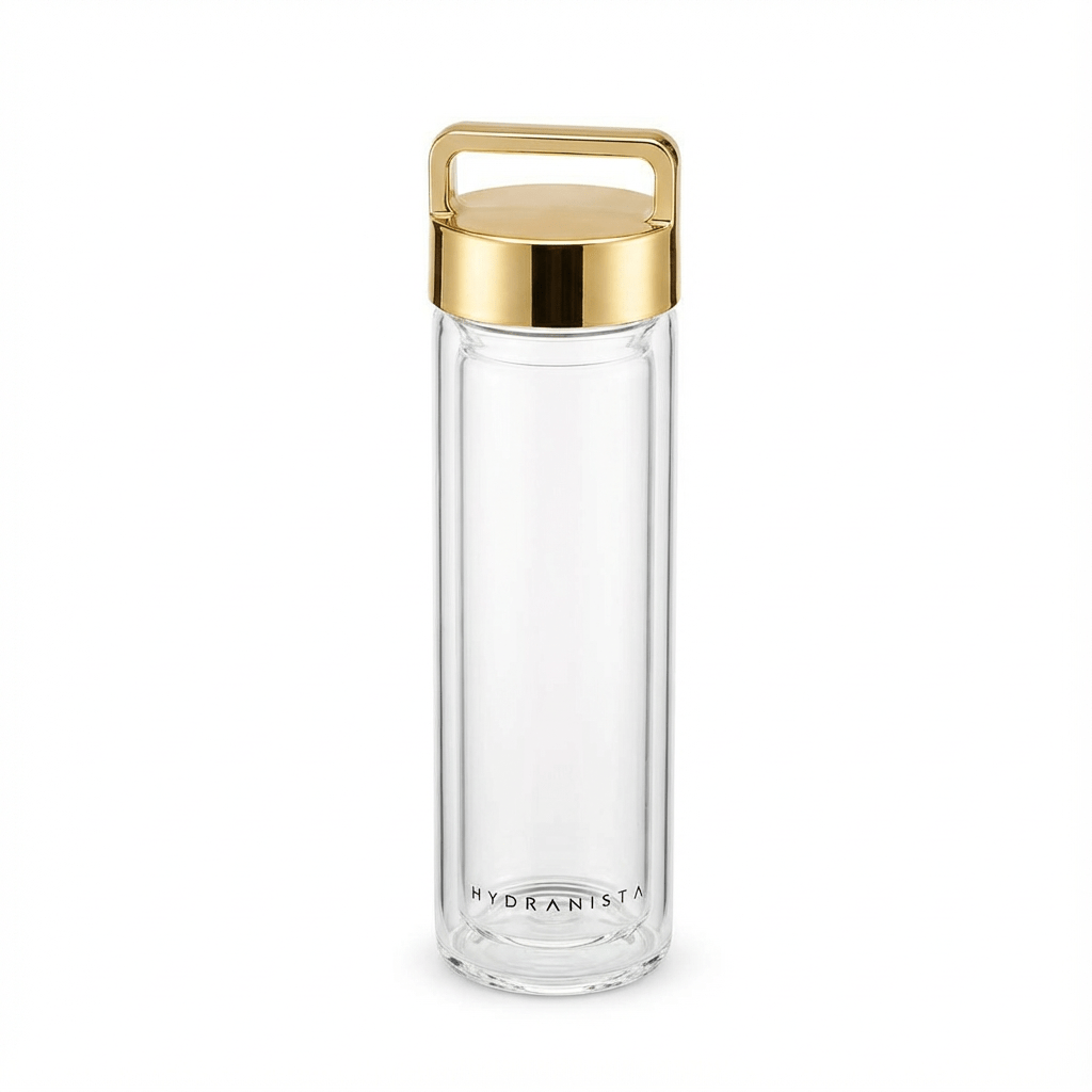 Hydranista glass water bottle - Gold Lid - liquidation.store