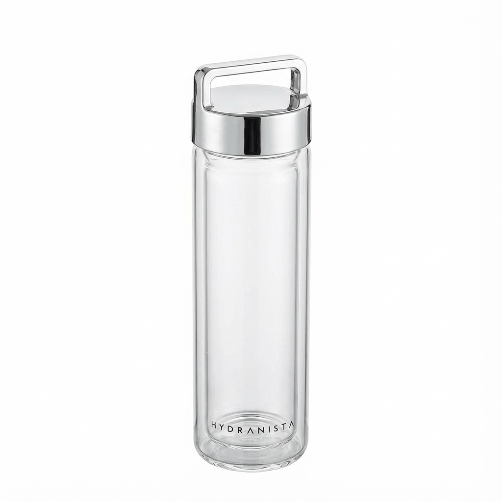 Hydranista glass water bottle - Silver Lid - liquidation.store