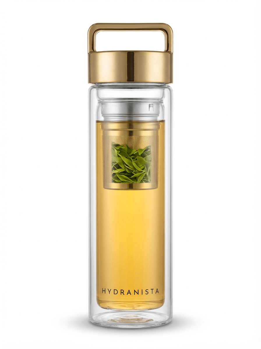 Hydranista Glass Water Bottle with infuser 500ml - Gold Lid - liquidation.store
