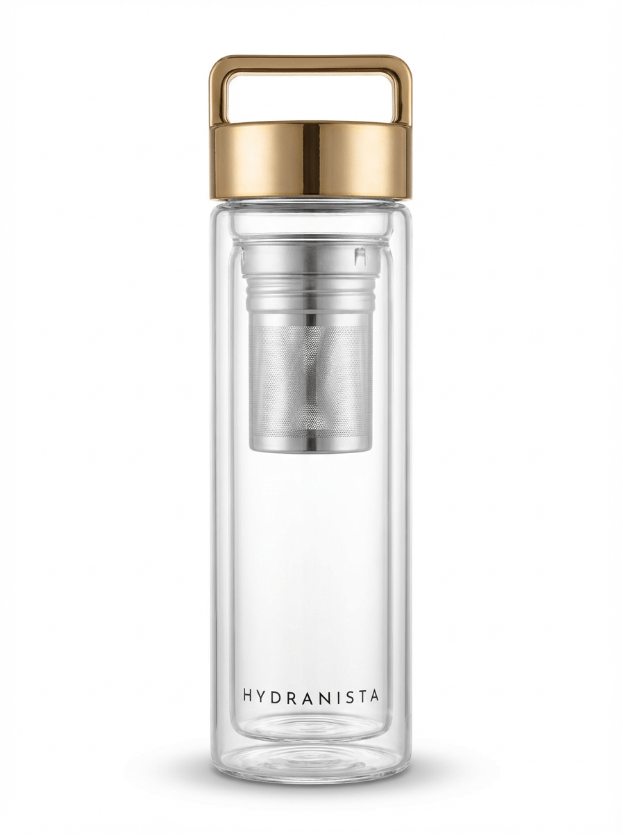 Hydranista Glass Water Bottle with infuser 500ml - Gold Lid - liquidation.store