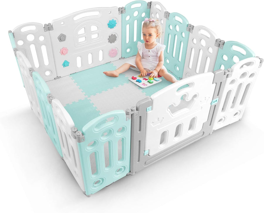 KIDOOLA Adjustable Plastic Baby Toddler Playpen & Anti Slip Playmats (Light Blue) - liquidation.store