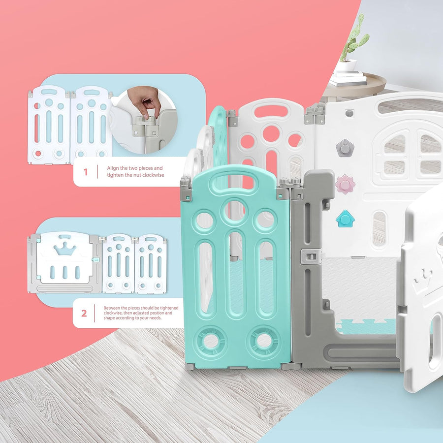 KIDOOLA Adjustable Plastic Baby Toddler Playpen & Anti Slip Playmats (Light Blue) - liquidation.store