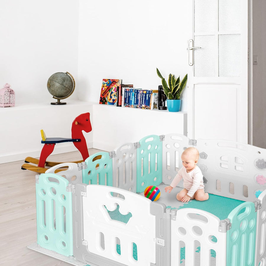 KIDOOLA Adjustable Plastic Baby Toddler Playpen & Anti Slip Playmats (Light Blue) - liquidation.store