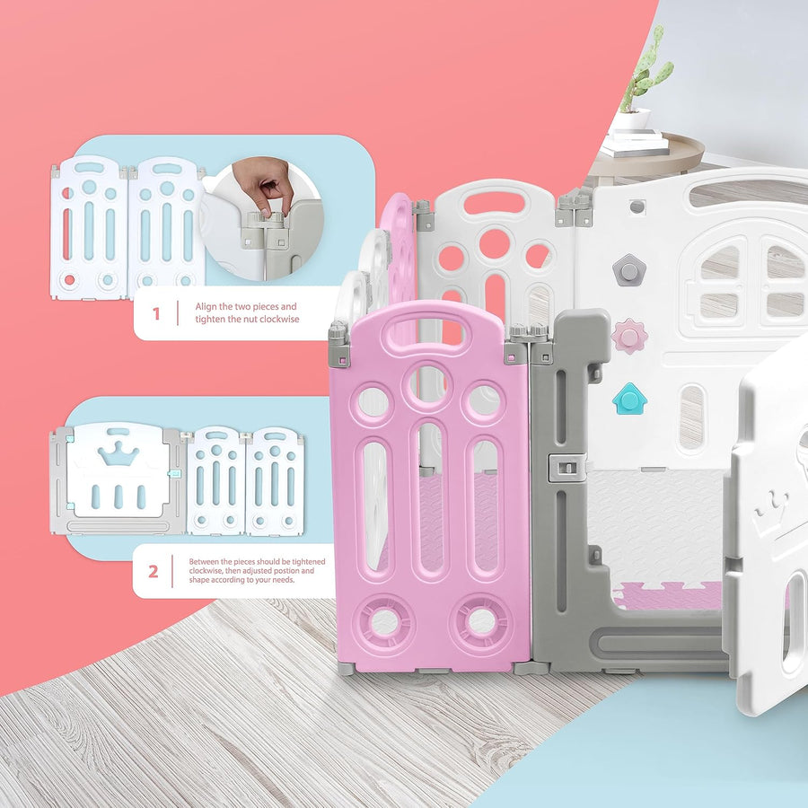 KIDOOLA Adjustable Plastic Baby Toddler Playpen & Anti Slip Playmats (Pink) - liquidation.store