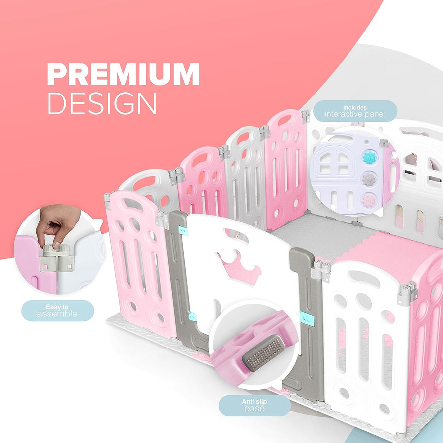 KIDOOLA Adjustable Plastic Baby Toddler Playpen & Anti Slip Playmats (Pink) - liquidation.store