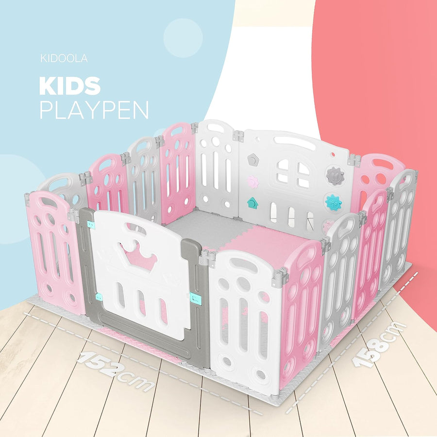 KIDOOLA Adjustable Plastic Baby Toddler Playpen & Anti Slip Playmats (Pink) - liquidation.store