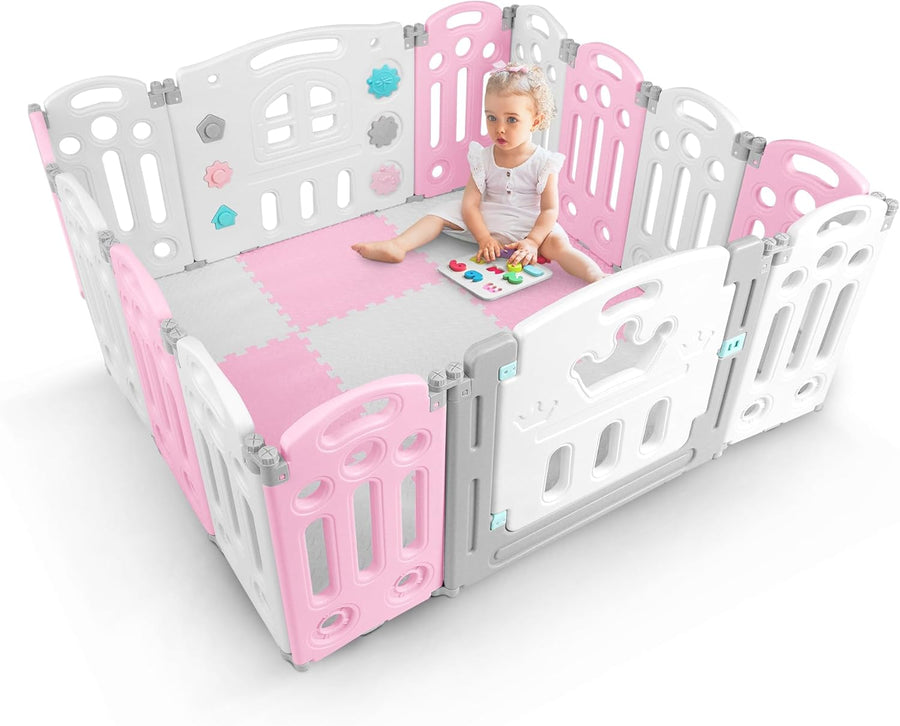 KIDOOLA Adjustable Plastic Baby Toddler Playpen & Anti Slip Playmats (Pink) - liquidation.store
