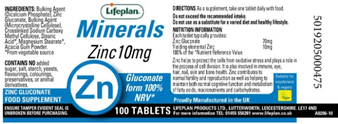 LifePlan Zinc Gluconate 10mg - 100 tablets - liquidation.store