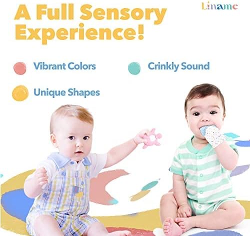 Liname Deluxe Teething Set - Teething Mitten for Babies & Teething Toy - Blue (3 Pack)
