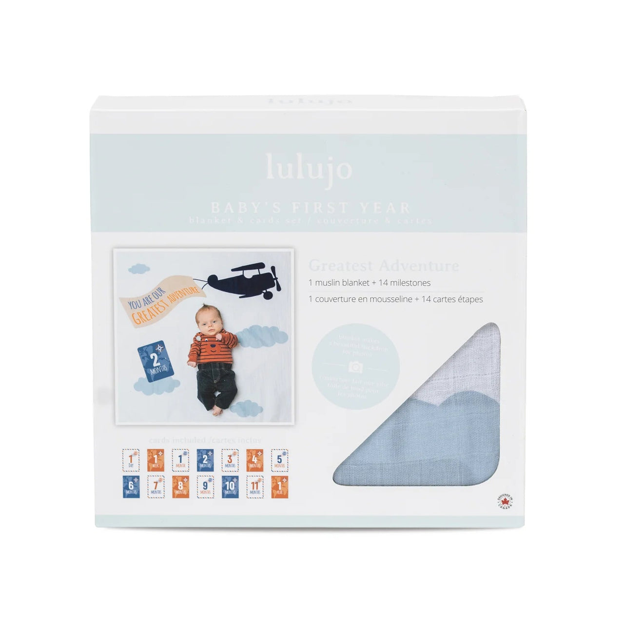 Lulujo Baby's First Year Gift Set - Cotton Swaddle & Cards - Greatest Adventure - liquidation.store