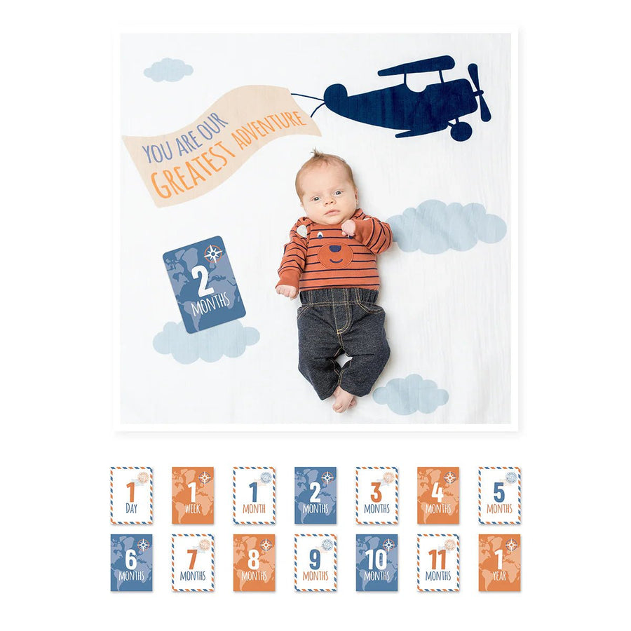 Lulujo Baby's First Year Gift Set - Cotton Swaddle & Cards - Greatest Adventure - liquidation.store