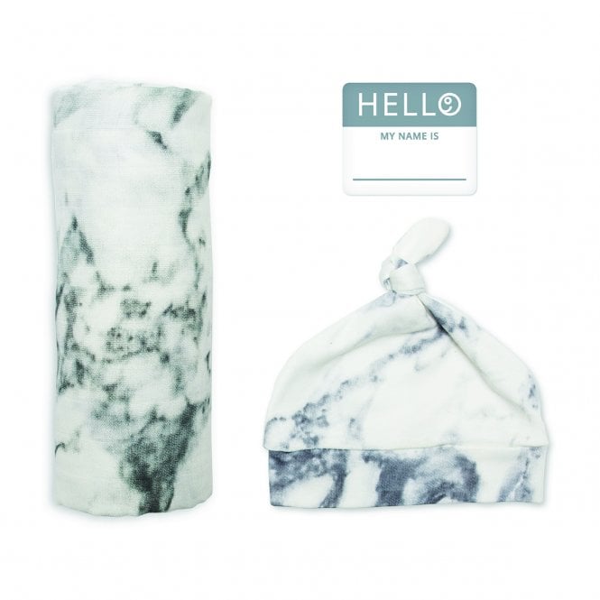 Lulujo Bamboo Hat and Swaddle Blanket - Marble - 0 - 3M - liquidation.store