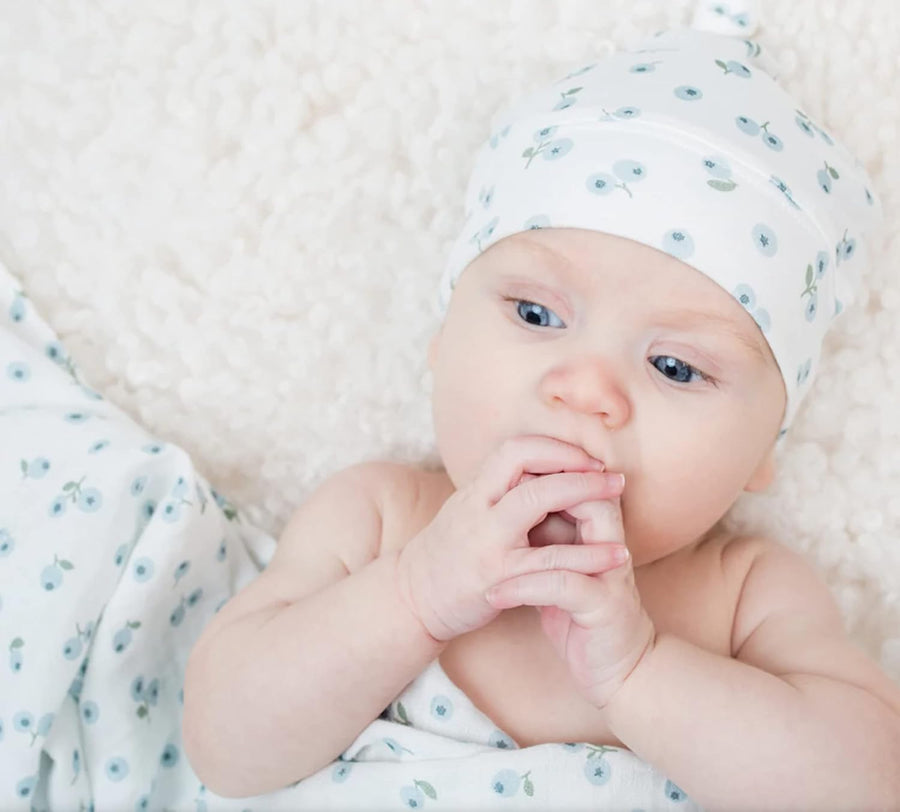 Lulujo Hello World Baby Gift Set | Newborn Baby Hat & Swaddle Set - Blueberries - liquidation.store