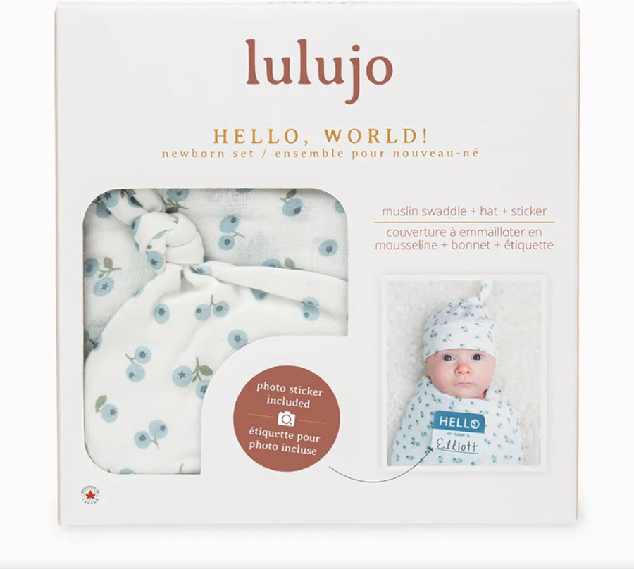 Lulujo Hello World Baby Gift Set | Newborn Baby Hat & Swaddle Set - Blueberries - liquidation.store