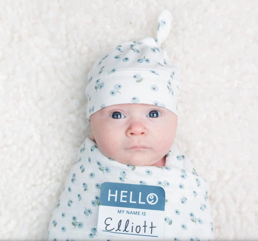 Lulujo Hello World Baby Gift Set | Newborn Baby Hat & Swaddle Set - Blueberries - liquidation.store