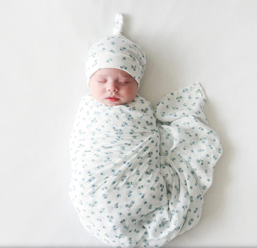 Lulujo Hello World Baby Gift Set | Newborn Baby Hat & Swaddle Set - Blueberries - liquidation.store