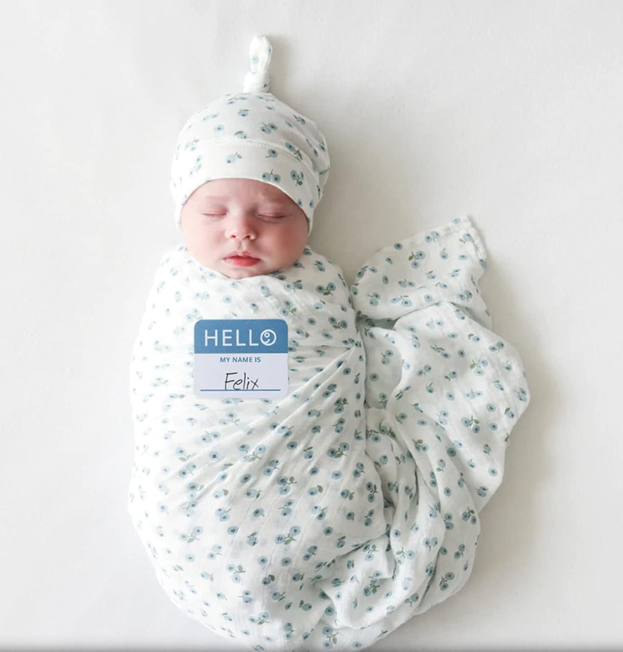 Lulujo Hello World Baby Gift Set | Newborn Baby Hat & Swaddle Set - Blueberries - liquidation.store
