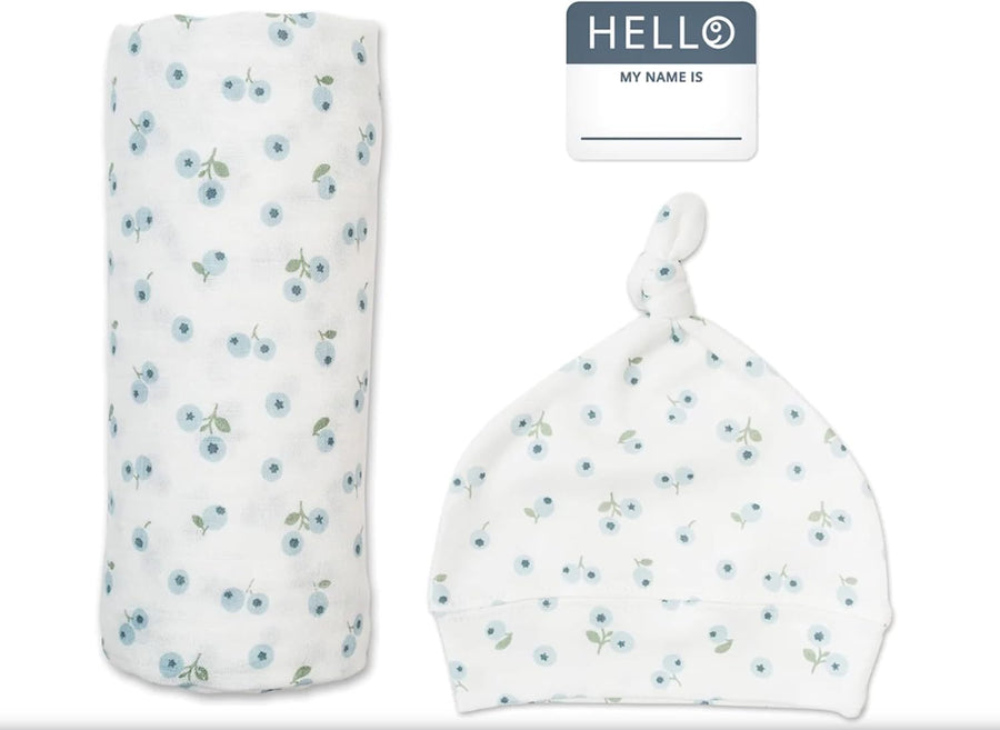 Lulujo Hello World Baby Gift Set | Newborn Baby Hat & Swaddle Set - Blueberries - liquidation.store