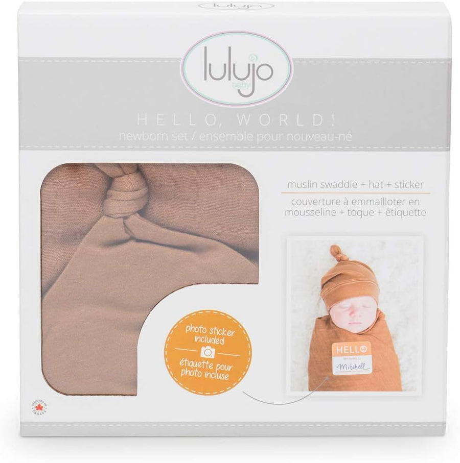 Lulujo Hello World Baby Swaddle & Hat - Tan - liquidation.store