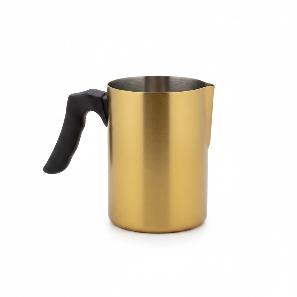 Lunar Ocean Brushed Gold Aluminium Milk Frothing Pitcher with Black Handle 350ml - liquidation.store