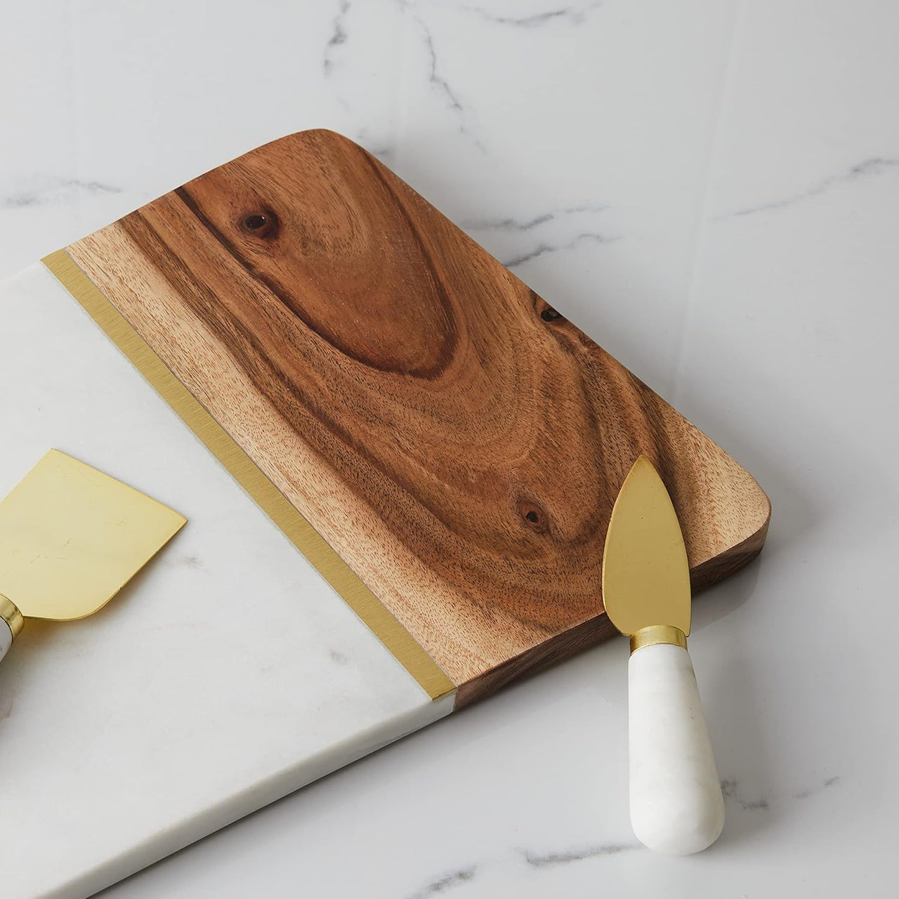 Lunar Oceans Marble & Acacia Wood Serving Cheese Board - liquidation.store