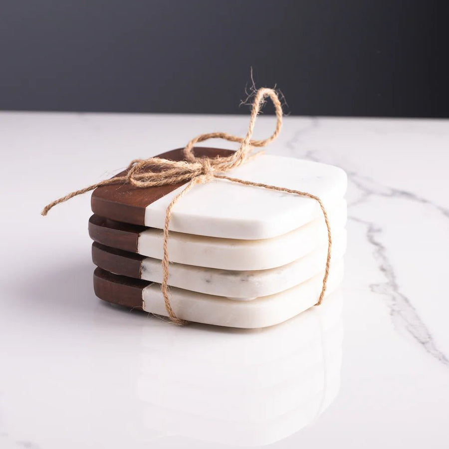 Lunar Oceans Marble and Acacia Wood Coaster - Set of 4 - liquidation.store