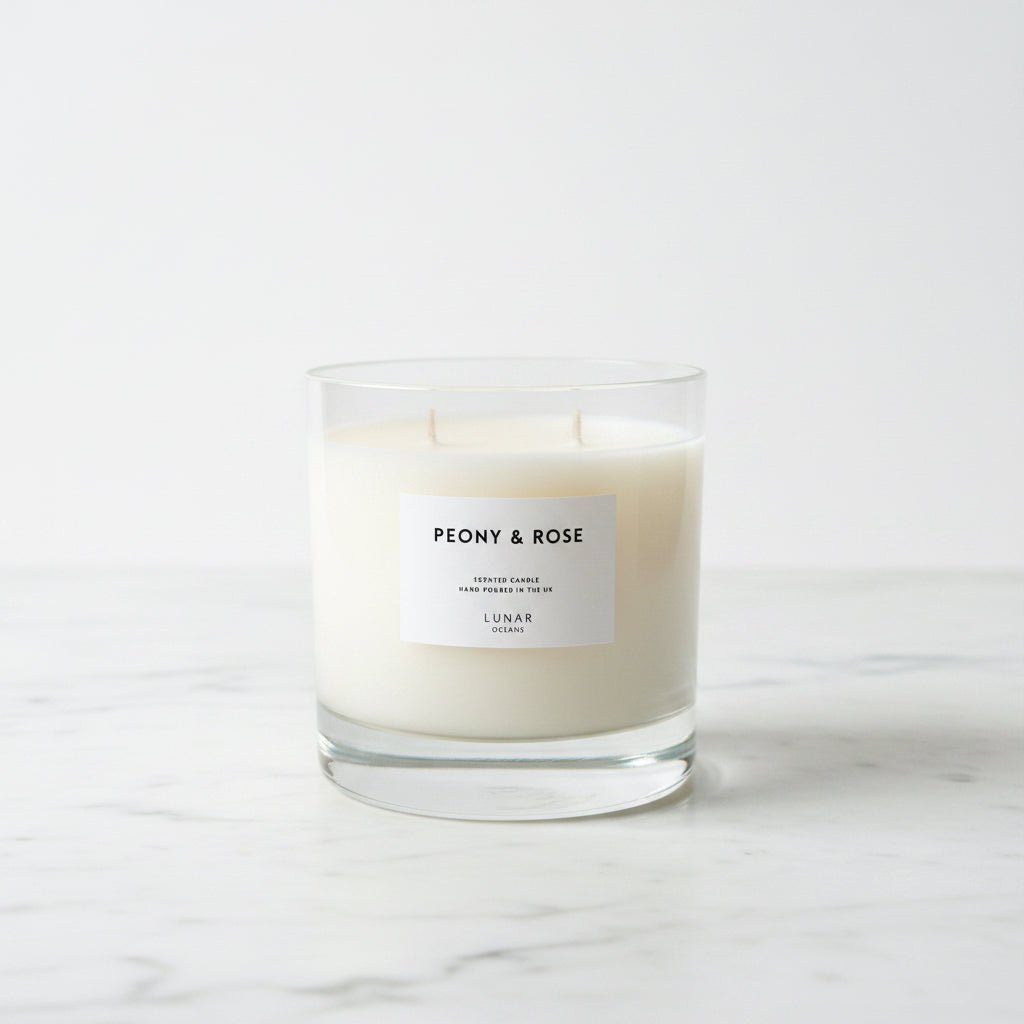 Lunar Oceans Peony & Rose Scented Candle Hand Poured 3 wick 740g - liquidation.store