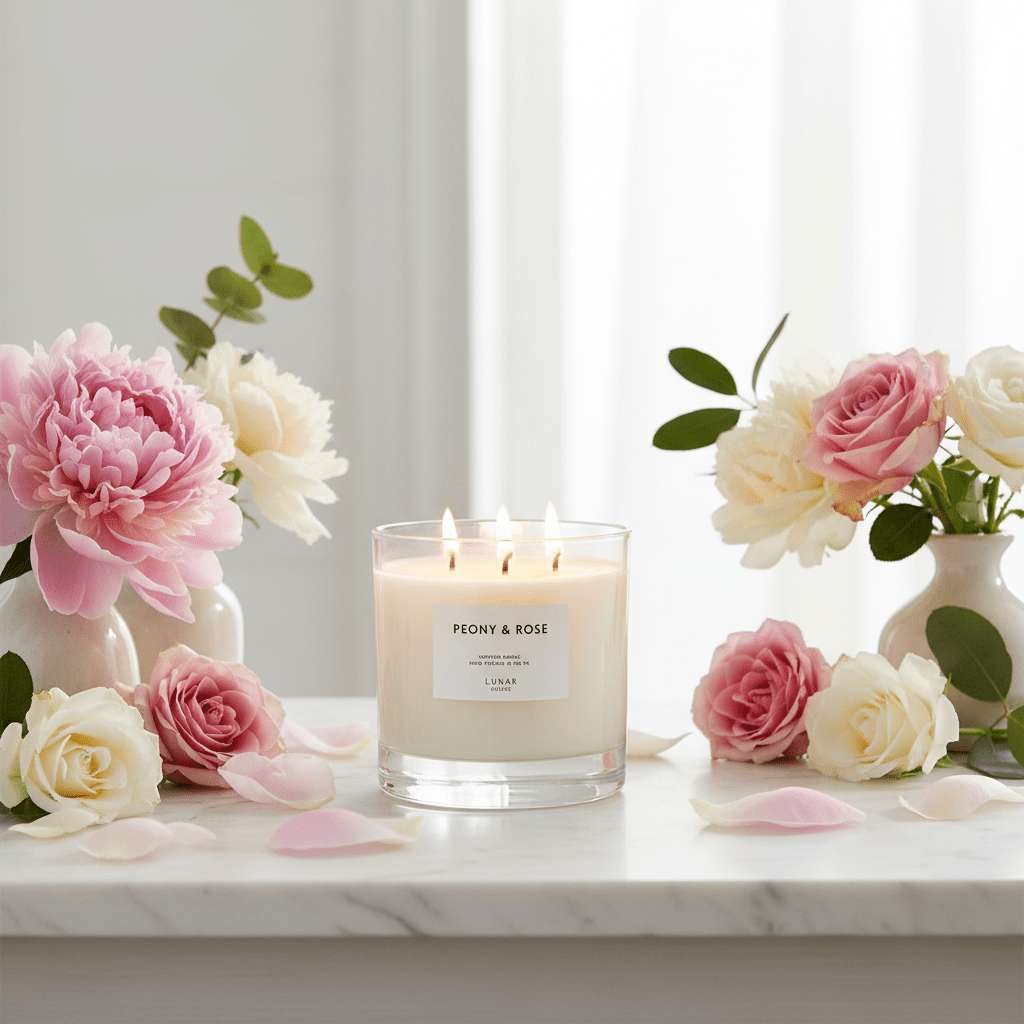 Lunar Oceans Peony & Rose Scented Candle Hand Poured 3 wick 740g - liquidation.store