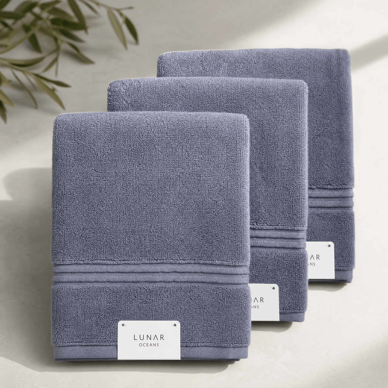 Lunar Oceans Plush Cotton Hand Towel Set in Slate Blue x 3 - liquidation.store