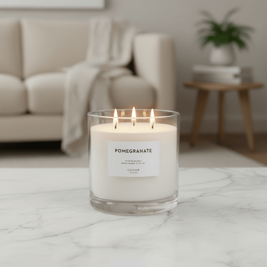 Lunar Oceans Pomegranate Scented Candle Hand Poured UK 3 wick 740g - liquidation.store