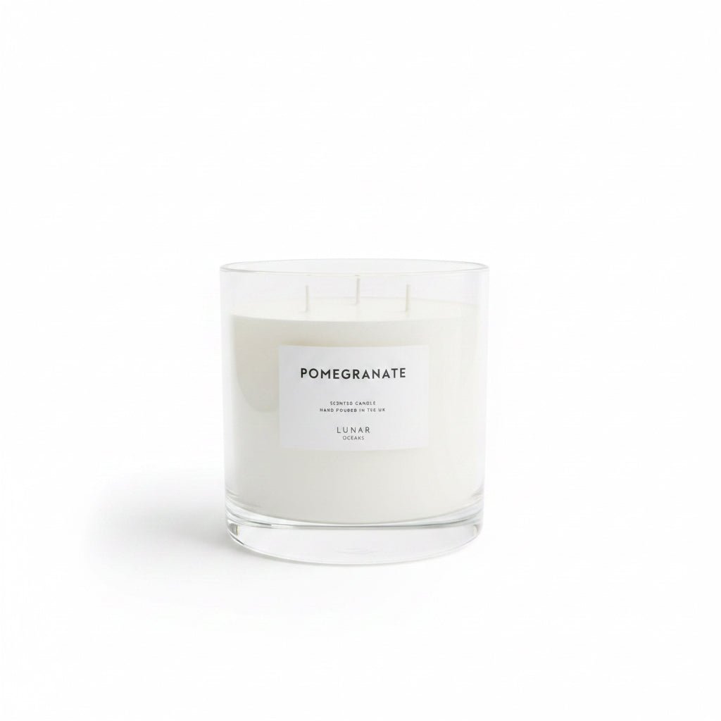 Lunar Oceans Pomegranate Scented Candle Hand Poured UK 3 wick 740g - liquidation.store