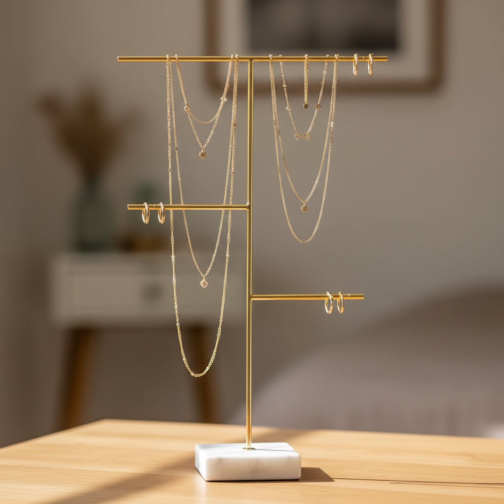 Lunar Oceans Three Tier Gold & Marble Jewellery Stand - Tall Necklace Holder - liquidation.store