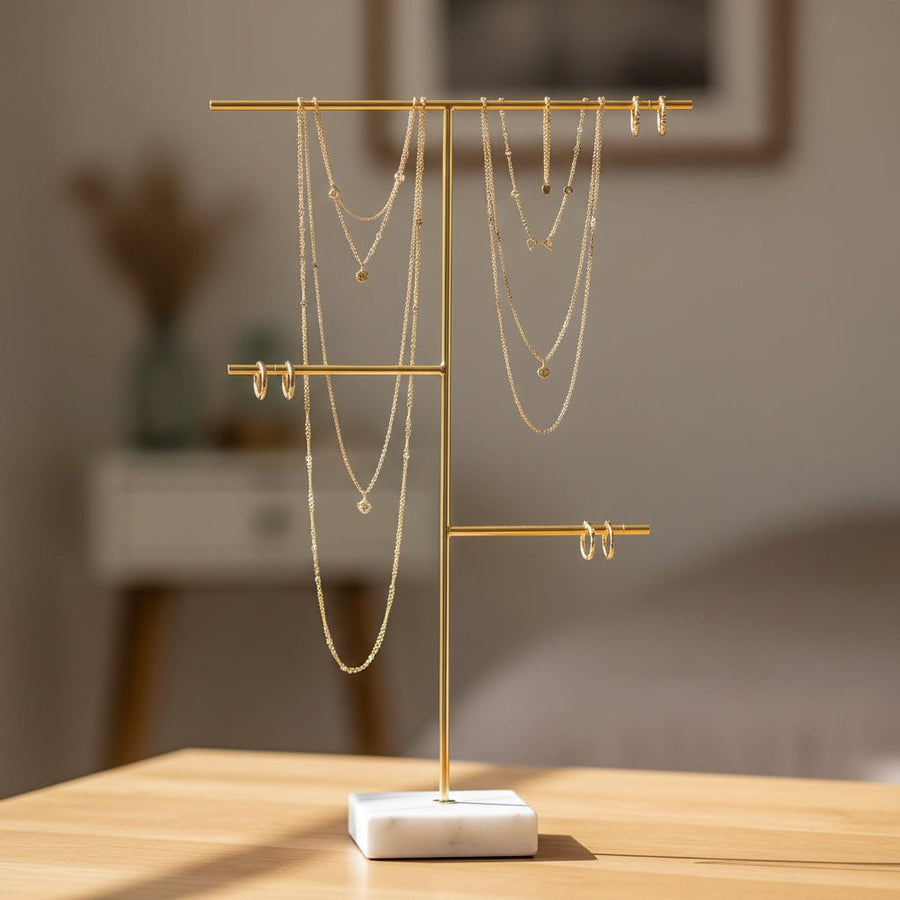 Lunar Oceans Three Tier Gold & Marble Jewellery Stand - Tall Necklace Holder - liquidation.store