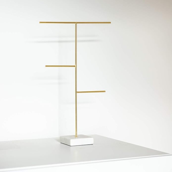 Lunar Oceans Three Tier Gold & Marble Jewellery Stand - Tall Necklace Holder - liquidation.store