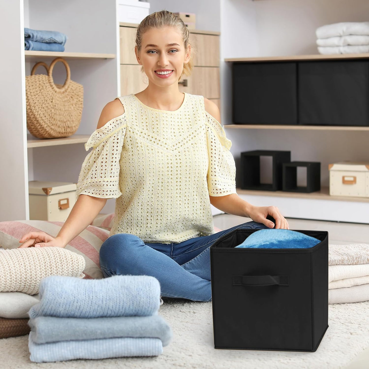 MATANA 6 Storage Boxes (Foldable) - Fabric Cube Canvas Storage Unit - Black 33cm x 33cm x 37cm - liquidation.store
