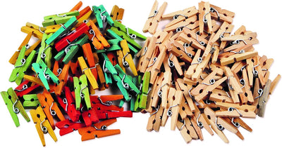 Mini Wood Clothes Pegs - 200 Pack (Natural and Assorted Colours) - liquidation.store