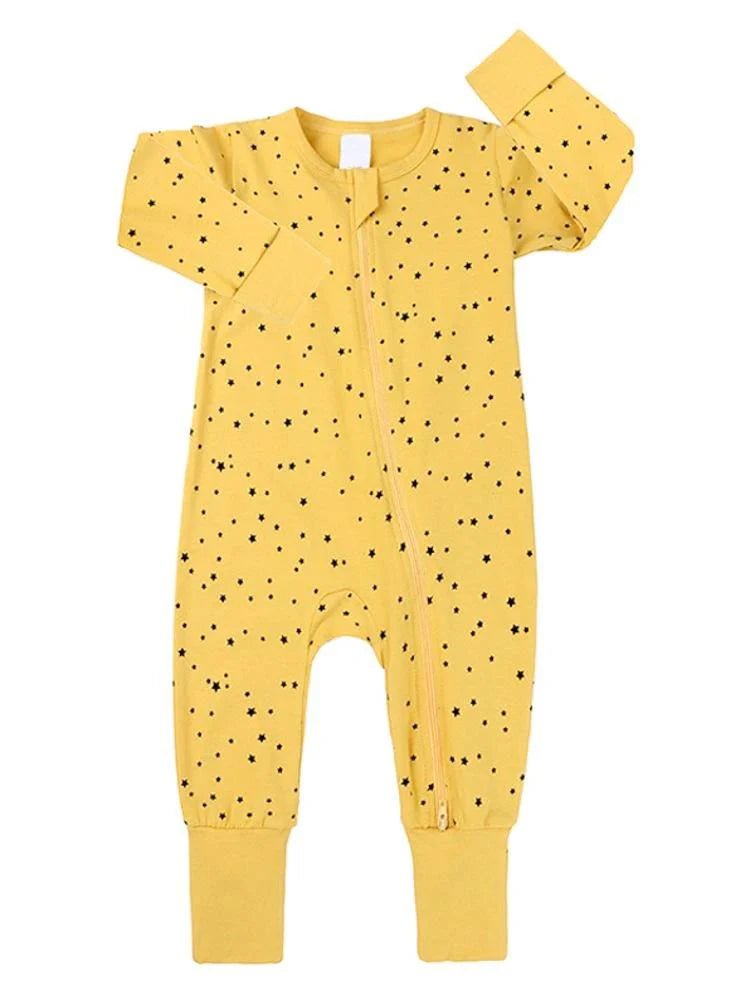 Mustard Stars Baby Zip Sleepsuit with Hand & Feet Cuffs (Various Sizes) - liquidation.store