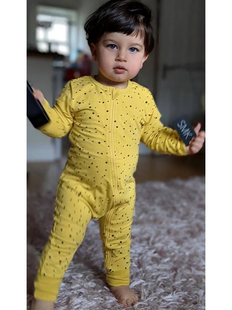 Mustard Stars Baby Zip Sleepsuit with Hand & Feet Cuffs (Various Sizes) - liquidation.store