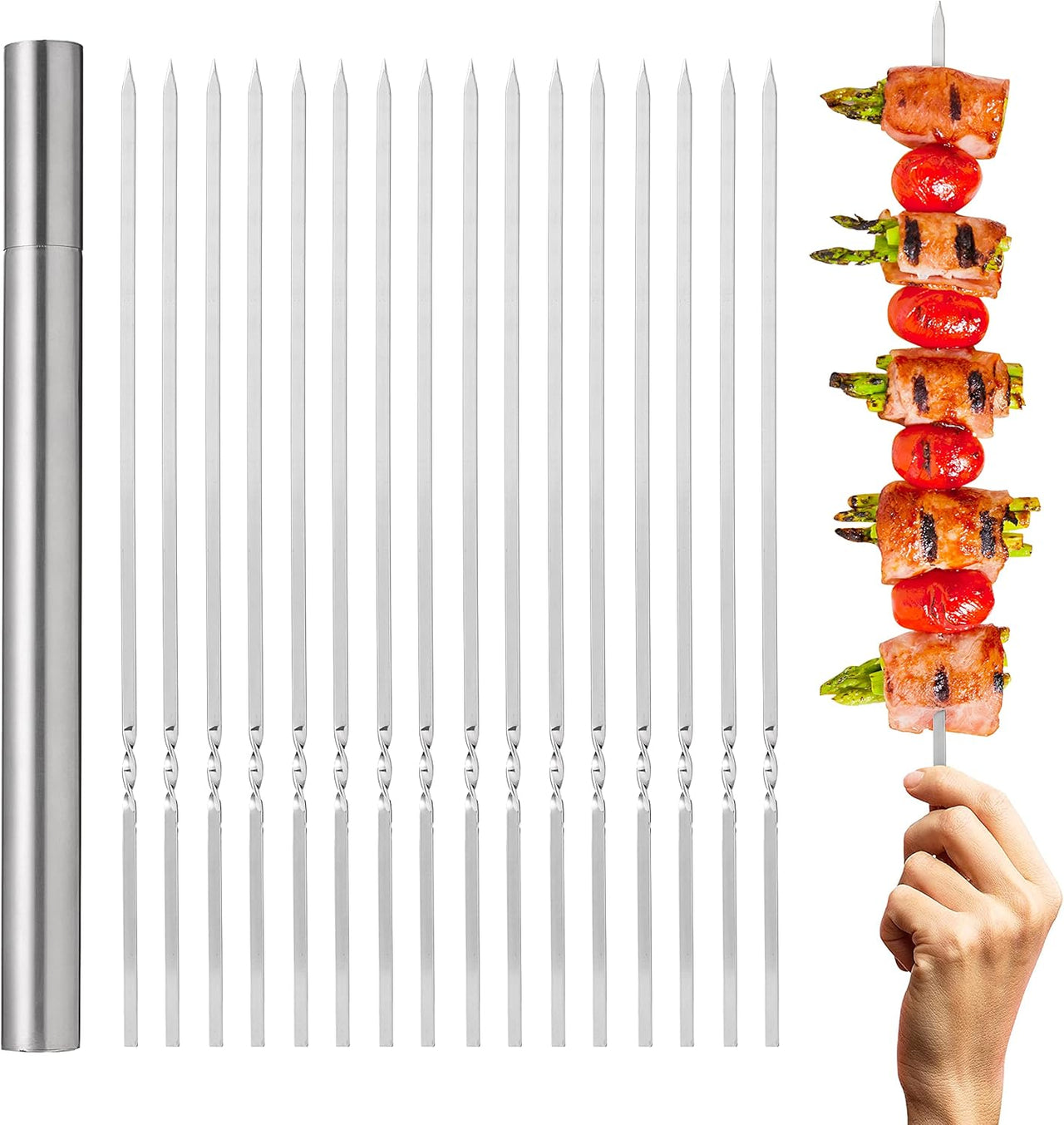 Oak & Steel - 20 x 35cm Stainless Steel Reusable Barbecue Metal Skewers with Premium Storage Case - liquidation.store