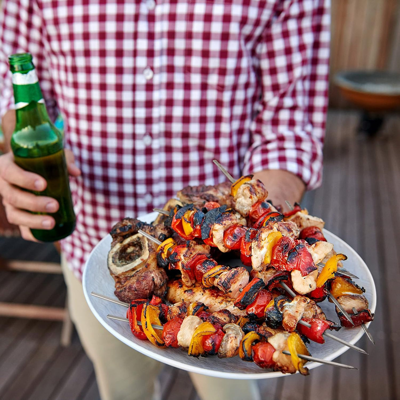 Oak & Steel - 20 x 35cm Stainless Steel Reusable Barbecue Metal Skewers with Premium Storage Case - liquidation.store