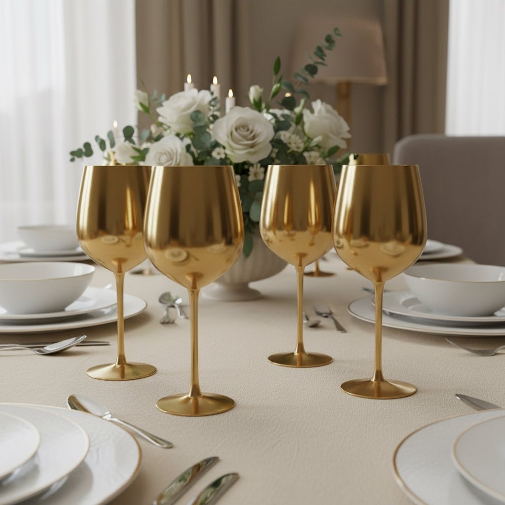 Oak & Steel - 4 Stainless Steel Gold Wine Glasses, 500ml - Shatterproof Party Glass Set - liquidation.store