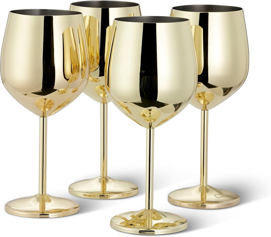 Oak & Steel - 4 Stainless Steel Gold Wine Glasses, 500ml - Shatterproof Party Glass Set - liquidation.store
