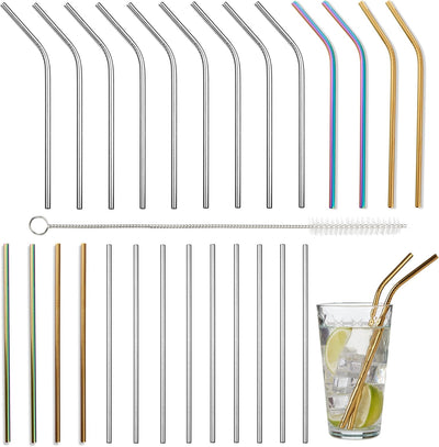Oak & Steel - Multi - Colour 30 piece Stainless Steel Reusable Drinking Straws Gift Set - liquidation.store