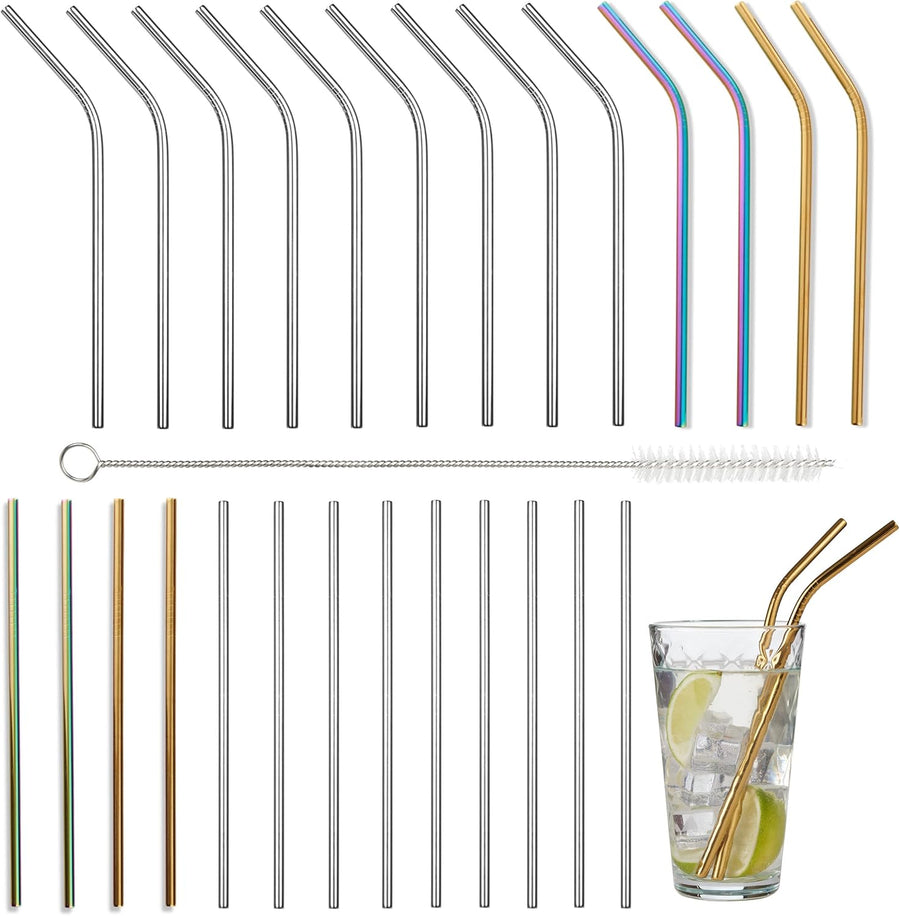 Oak & Steel - Multi - Colour 30 piece Stainless Steel Reusable Drinking Straws Gift Set - liquidation.store