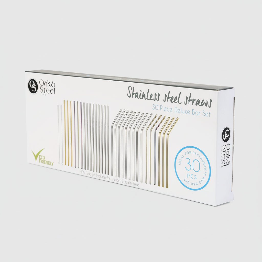 Oak & Steel - Multi - Colour 30 piece Stainless Steel Reusable Drinking Straws Gift Set - liquidation.store